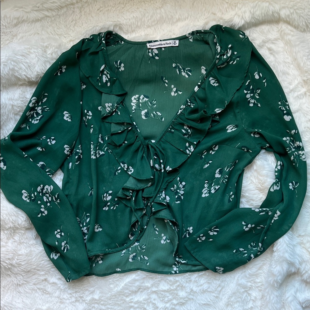 Abercrombie & Fitch Dark Green Floral Ruffle 2 Tie-Front Blouse